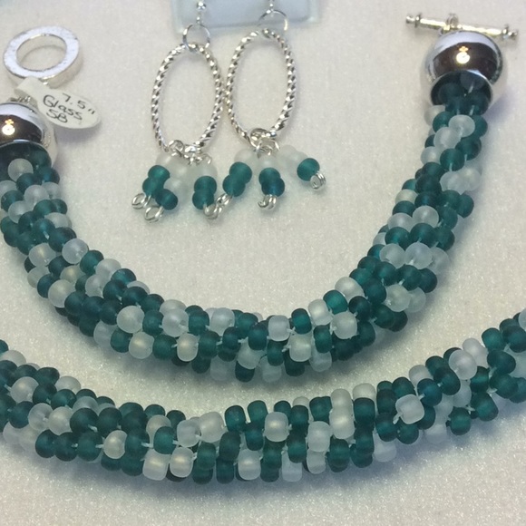 FINAL SALE PRICE Hand Woven Teal, White & Silver 3 Pc. Jewelry Set - Picture 3 of 5